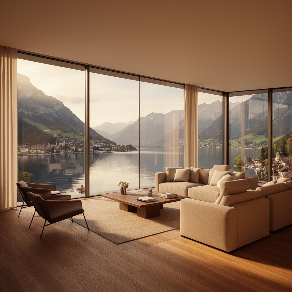 Fotorealistisches Innenraum-Rendering mit Alpenblick durch das Fenster